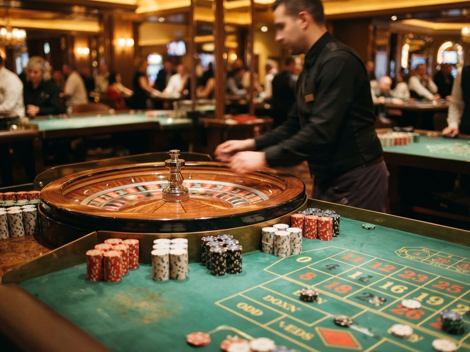 Croupier au centre d'une roue de roulette en direct