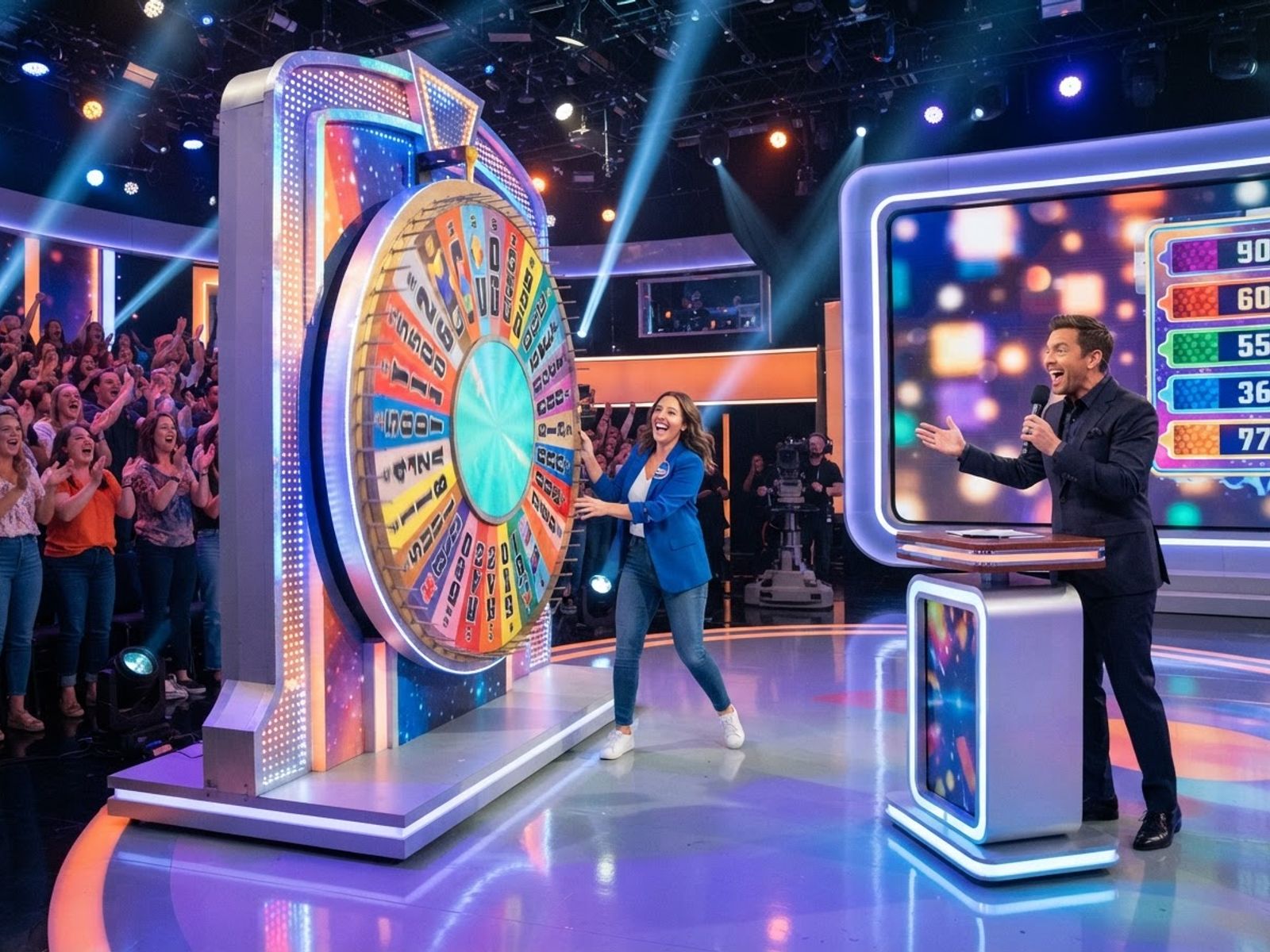 Présentateur animant une roue de jeu télévisé en direct sur WESTACE