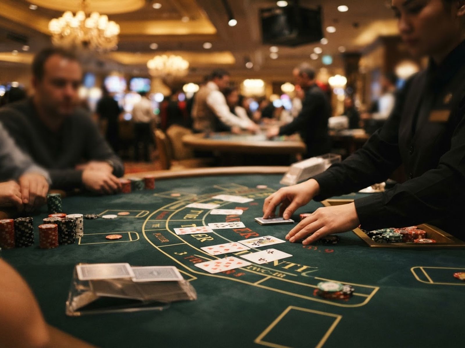 Cartes et puces sur une table de baccarat en direct