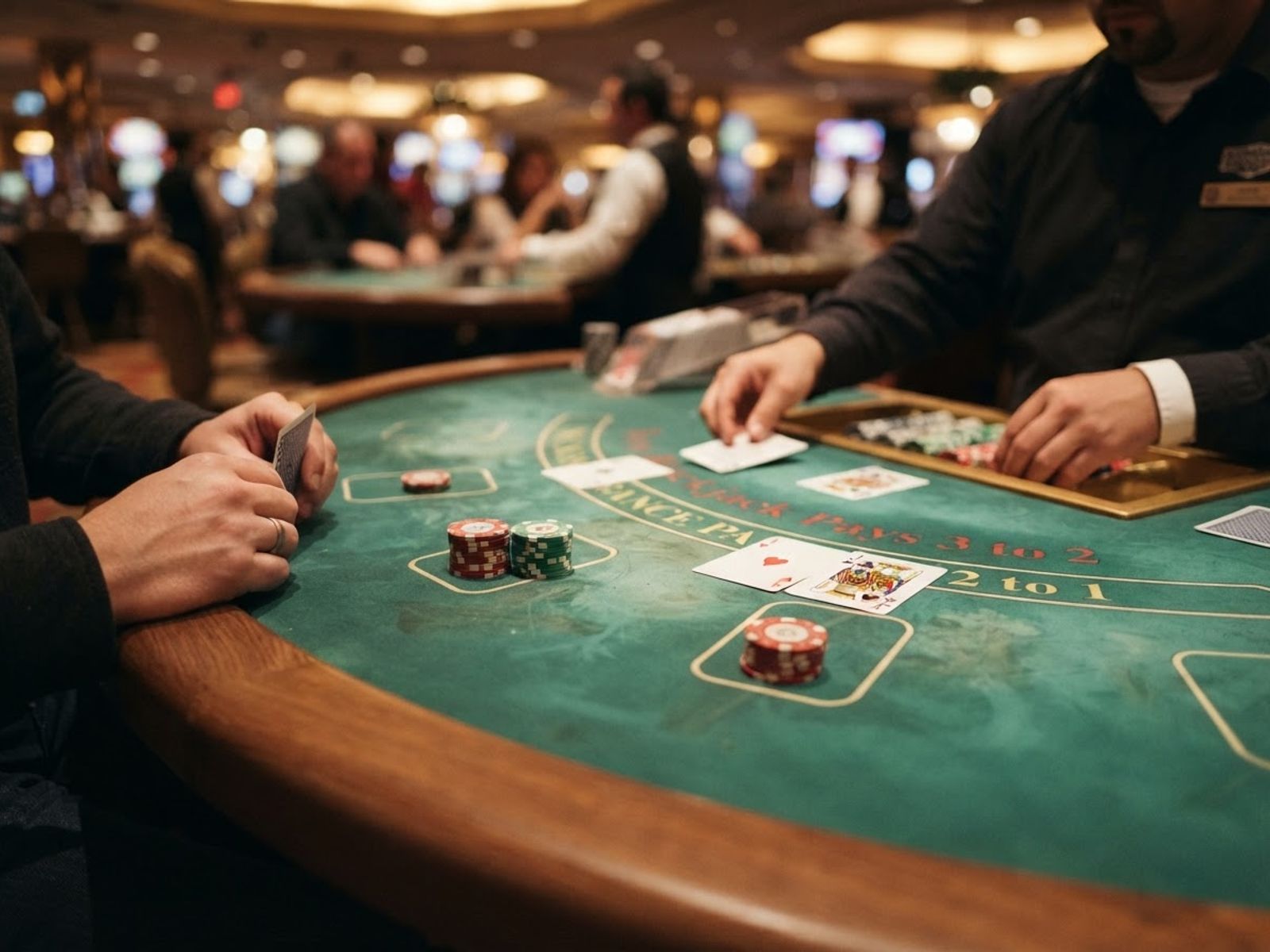 Croupier distribuant les cartes à une table de blackjack