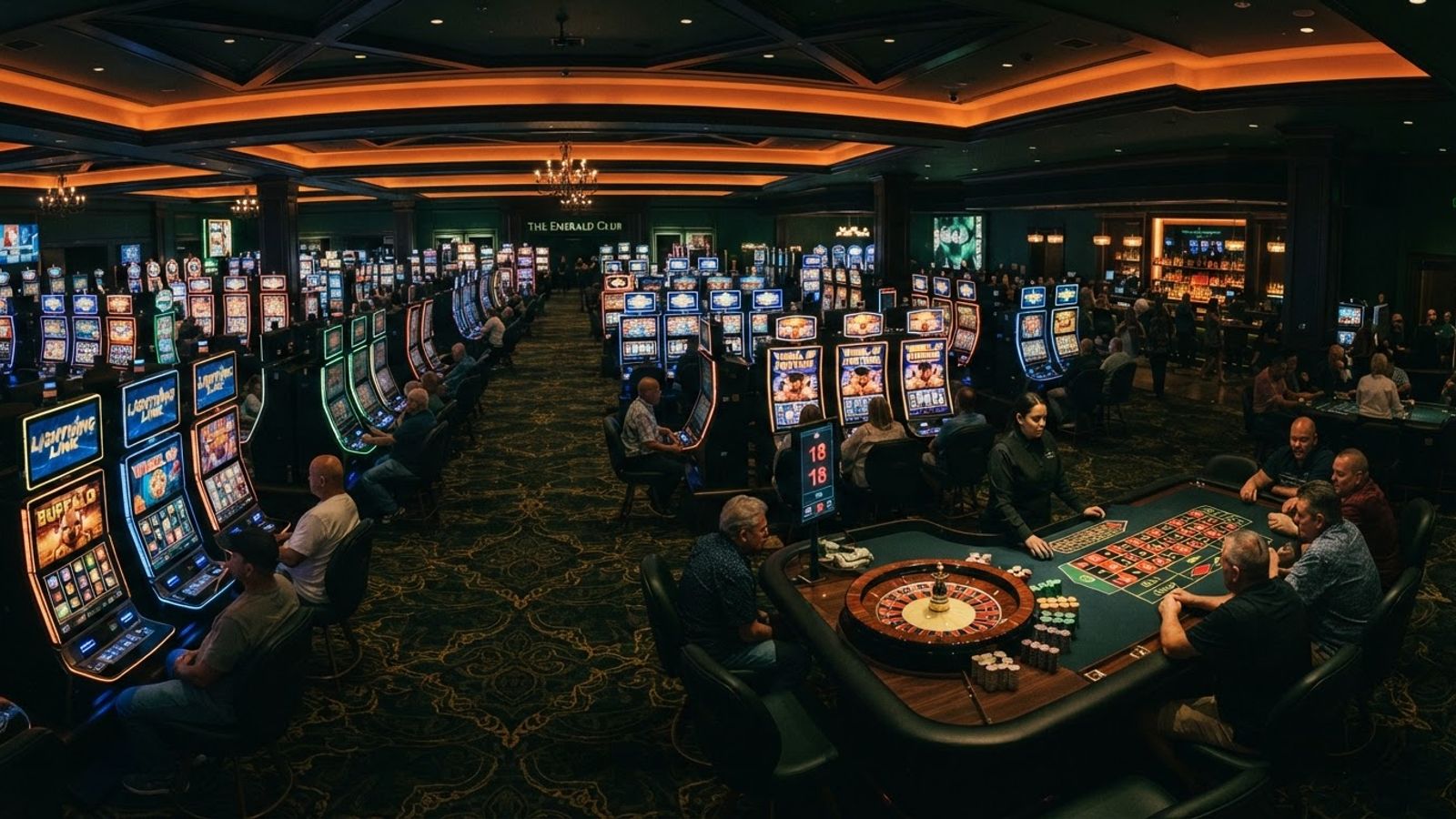 Salle de casino moderne avec machines et table de roulette